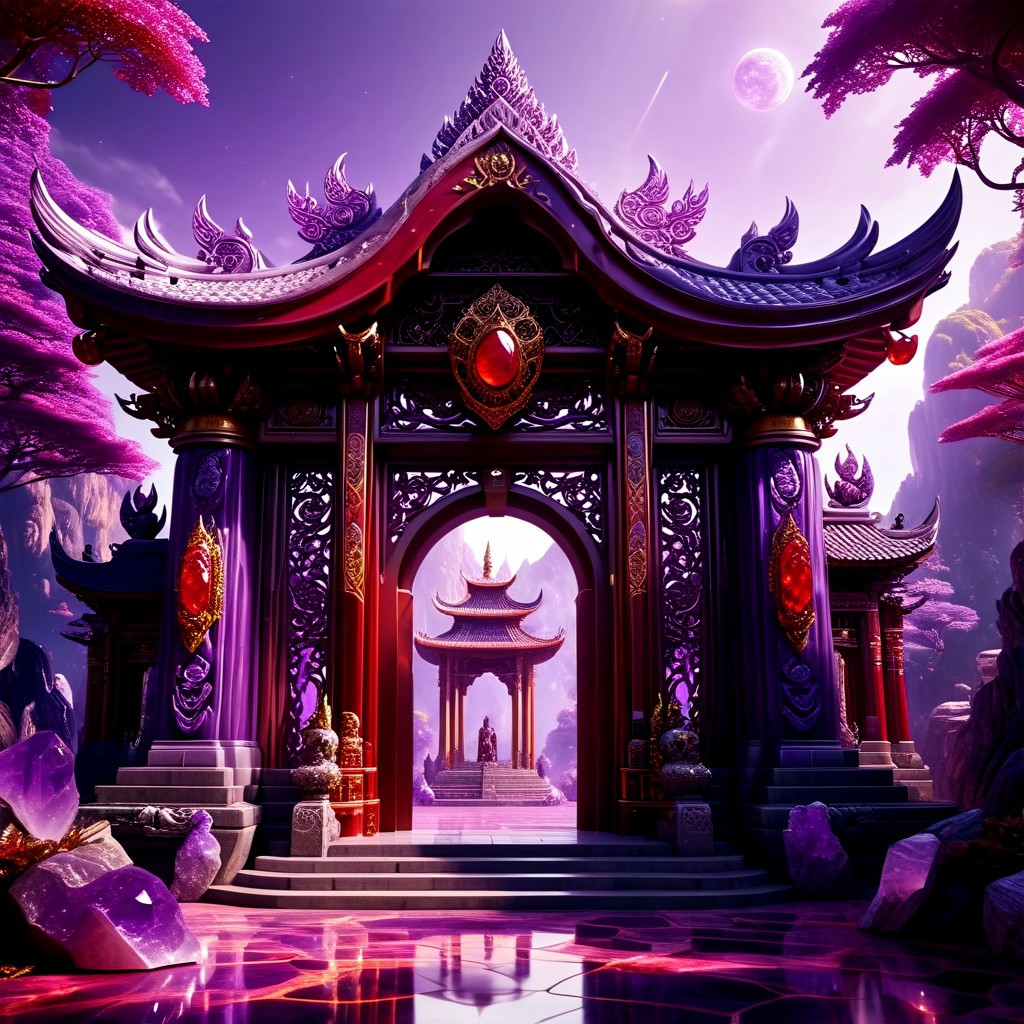 very aesthetic, very absurdres, very masterpice, very elegent, very majestic, realistic, very fantastic,  digital art, temple gate,  Amethyst_Fantasy, ral-amber, Ruby_Fantasy,
