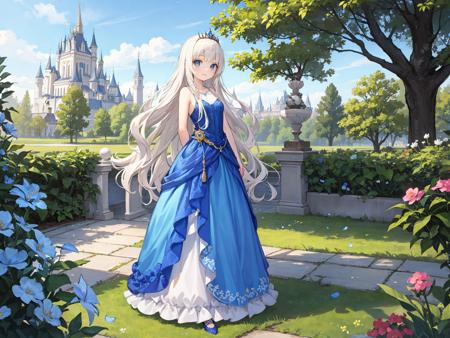 best quality, amazing intricate, 
princess, cute and beautiful face, (round eyes, big eyes, blue eyes, smile:1.2), looking at viewer, 
blunt bangs, (platinum blond hair:1.2), long hair, (wavy hair:1.1), (silver tiara:1.2), 
(blue:1.4) princess dress, (fishnet pantyhose:1.2), white pumps, 
from front, standing, full body, (v arms:1.2), The whole body shines divinely, 
garden, castle, Followed by upright knights on both sides