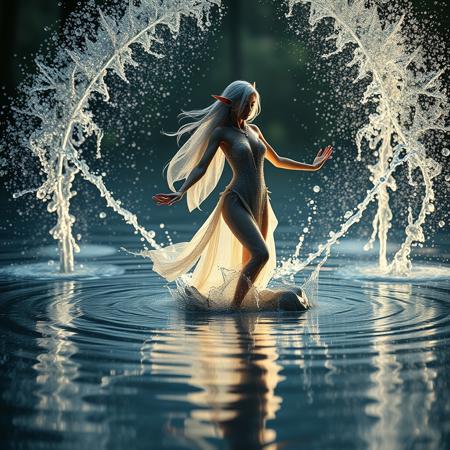Magical elf dancer on the surface of shallow pool dancing gracefully, surrounded by huge splashes of water droplets all around her, Extremely detailed cinematic film still of a vibrant piece, capturing an elf immersed in the rippling reflections of a shallow pool, causing splashes of water to shoot up all around her where every step stirs the water’s surface splash shooting upwards, soft volumetric lighting, sparkling, shimmering, intricate details, fantasy, ultra sharp focus, crystal clear, extreme contrast, VFX fine art, ultra CGI rendering, 16K, 3D, hdr, vibrant, fantasy core, the splashes of water droplets are all around her as they glitter like diamonds under the light of the moon 
 A photorealistic, enchanting image of a sexy Moon Elf set in a mystical, moonlit forest waters surface, she has long, flowing silver hair that shimmers in the moonlight,  magical She wears a delicate, lace outfit made of sheer, sparkling fabric made of water droplets, adorned with intricate silver and sapphire accents, enhancing her graceful, slender, and curvy physique. The scene is bathed in a serene, mystical glow, with the full moon casting dappled light through the trees and creating a magical ambiance , fairy lights, The composition includes a shallow depth of field, with the focus sharply on the Moon Elf, her confident and seductive pose drawing the viewer’s eye.