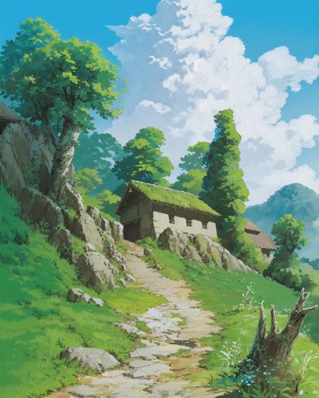 (((best quality))),single build,architecture, blue_sky, building,cloudy_sky, day, fantasy, fence, field, house, build,architecture,landscape, moss, outdoors, overgrown, path, river, road, rock, scenery, sky, sword, tower, tree, waterfall <lora:Pyramid lora_Ghibli_n:1>