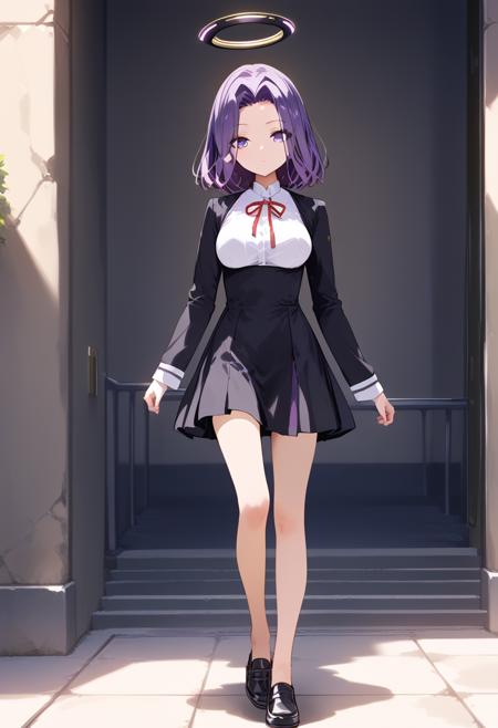 tatsuta-kc, purple hair, halo, middle hair, purple eyes tatsutadef-kc, dress, long sleeves, black dress, white shirt, black skirt, short dress, bare legs, breasts tatsutakai2-kc, bare shoulders, sleeveless, high-waist skirt, black dress, white shirt, black skirt, short dress, bare legs, breasts tatsutamizugi-kc, swimsuit, black bikini, criss-cross halter, sarong