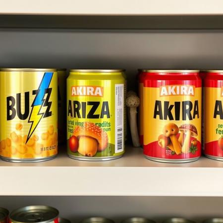 A shelf with food cans on it. One can is labeled "BUZZ" and has a picture of a lightning bolt on it. The rest are labeled "AKIRA" with pictures of mushrooms on them.