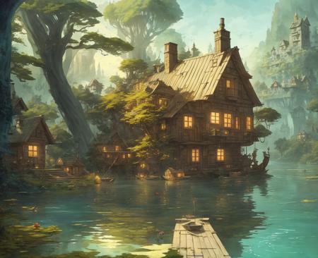 a painting of a house in the woods by a lake with a boat in the water and a string of flags hanging from the roof, building, landscape, by advntr