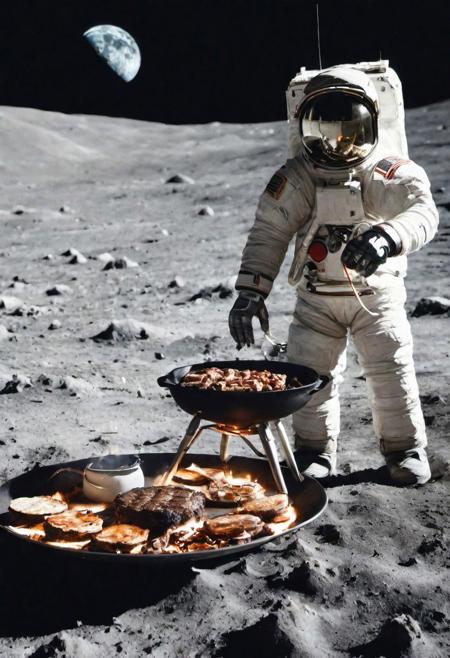 Astronauts having a BBQ cooking competition on the moon