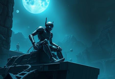 Create a cinematic, highly detailed digital painting of a Lunarpunk robot sitting on a Charging Construction in an action pose, inspired by Nicomachus of Thebes and goth transformers. The scene should be set in a dark, stone-walled environment with power energy emanating from the construction. Incorporate a beautiful, stray-like picture in the background and use a gradient blue-black color scheme with spotlight effects. The composition should adhere to the golden ratio and feature intricate, lifelike details. The overall style should be reminiscent of the works of Artgerm and Greg Rutkowski, with a mix of elegant and brute elements.