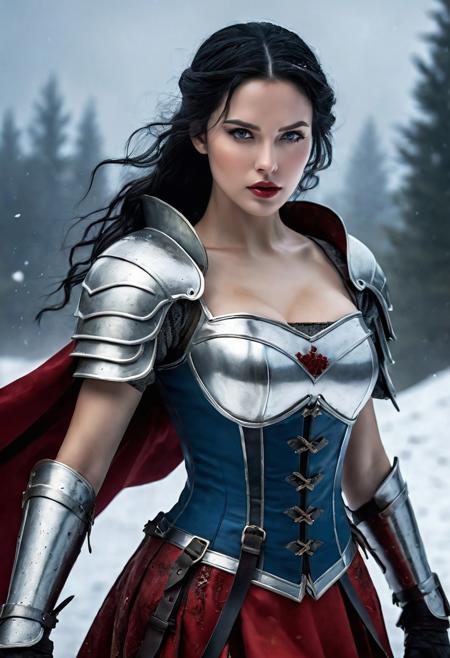 High resolution ultra-realistic of Beautiful Snow White warrior, Fantasy style, 8k, capturing the intensity of the moment, dramatic lighting, standing on a bloody and stormy battlefield in a fighting pose, fire, intricately designed shining iron armor, red skirt, perfect athletic figure, beautiful Warrior Swow White, fire, dirty face, ultra realistic, cinematic style, athletic figure, dark fantasy, covered in dirty and blood, cinematic colors Lighting, extremely detailed, 8K, wavy black hair, realistic dirty bloody pale face, realistic blue eyes, beautiful Snow White on in cool iron armor, hyper-detailed, hyper-realistic, bright colours, Attractive 21 old years girl, Attractive, beautiful firm Breasts, sharp focus, digital painting, Photograph Taken on Nikon D750, Alphonse Mucha, 8K, athletic figure, Hyperdetailed, hyperrealism, Attractive, Attractive bust girl, asymmetric balance