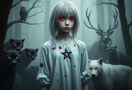 In a mist-filled forest, a pale girl with silver-white hair stands hauntingly still. Her white blouse, splattered with dark red stains, contrasts starkly with her ghostly skin. A simple black five-pointed star is visible on her chest, adding an unsettling graphic element. Her eyes glow with an intense crimson light, piercing through the dimness.
Around her, twelve wild animals create a tense, surreal circle. A black panther crouches nearby, its fur blending with the darkness, while its eyes reflect an eerie red. Two owls perched on branches survey the scene with glowing red eyes. A large snake, with blue-black iridescent scales, coils around a tree branch, its gaze menacing.
In the background, a majestic stag stands with antlers silhouetted against the fog. Two lynxes, their fur patterned with shadows, move quietly, and a white wolf stands in the foreground, its eyes mirroring the girl’s glow.
The girl holds a worn pinkyellow cardboard sign reading "We Come in Peace" which contrasts sharply with the ominous atmosphere. The swampy ground is covered in mist, with refracted light casting shifting shadows, adding to the eerie, realistic quality of the scene