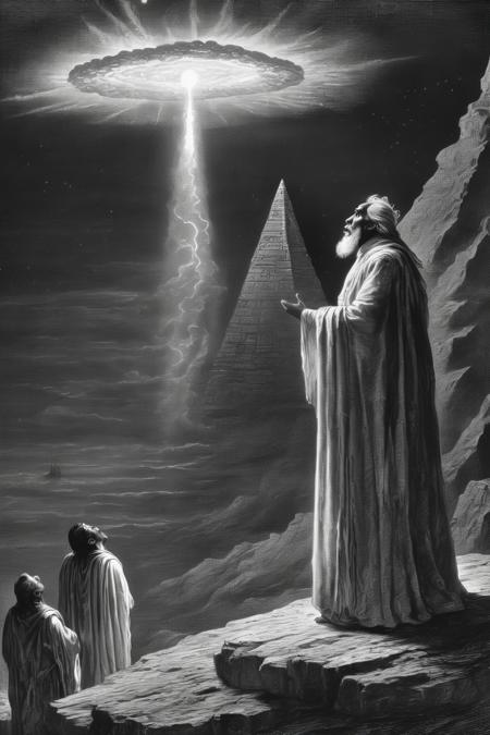 <lora:Gustave Dore Style:1>Gustave Dore Style - black and white engraving in the style of Gustave Dore of a night time view of Mayan priests in long white robes looking up at a meteor that is illuminating a mayan pyramid in the background. In the foreground a wizened priest looks up in awe. epic. cinematic. dimly lit