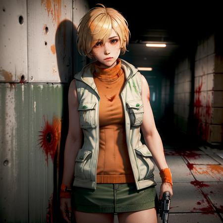 ((Cheryl Mason, blonde_hair, woolcuffs)), to8contrast style, semi-realistic, masterpiece, best quality, highres, 1girl, solo, (jacket, pockets:0.5, white_jacket:1.4, sleeveless, green_skirt, freckles, orange_turtleneck:1.4, blood:1.5), dark, (darkness:1.5), night time, indoors, short hair, adult, woman, (handgun:1.5, gun, holding_gun:1.3) <lora:CHMason:0.8>  <lora:theovercomer8sContrastFix_sd15:0.3>