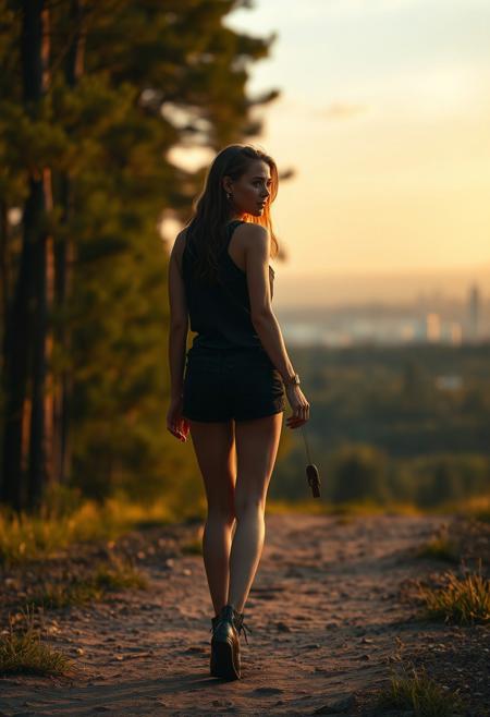 lone roguish female figure, walking away, glancing over shoulder, distant cityscape, transitioning from forest to urban environment, golden light of early morning or late afternoon, cinematic, journey progression, emotional warmth, subtle glance, candid, moment of doubt or hesitation, reflection on the journey, (forest in the background:1.2), city on the horizon, inviting introspection, natural light, dramatic lighting, depth of field, (captured naturally:1.2), (detailed background:1.3), (photorealism:1.4), 8k UHD, (blurry:-1.3), (lowres:-1.5), (ugly:-1.2), (mutated:-1.4), (worst quality:-1.4), (bad anatomy:-1.3), (cartoon:-1.1), (sketch:-1.1), (distorted proportions:-1.3), (extra limbs:-1.5), (cgi:-1.4), (extra characters:-1.5), (savanna:-1.4)