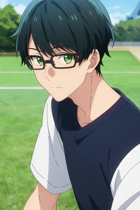 masterpiece, best quality, , 1boy, solo, male focus, looking at viewer, , , <lora:tasuku_kuresawa:0.72>, tasuku_kuresawa, black hair, , green eyes, sportswear,