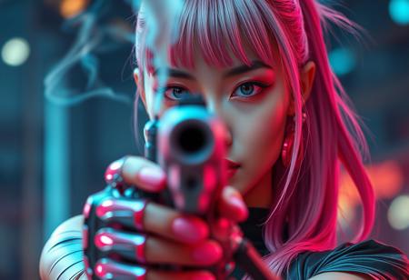Extreme close-up of a tall, slender Japanese cyberpunk assassin aiming a silver futuristic pistol directly at the viewer. The barrel is centered but slightly blurred in the foreground. Her blush pink hair is in a long ponytail with slightly brushed bangs and loose strands framing her face.
She wears bold red Asian-style eyeshadow, and both highly detailed cybernetic eyes glow faint pink, one eye looking directly down the gun sights.
Her cybernetic hand, visible and gripping the weapon, is finished in glossy pink chrome, intricate and feminine. A thin trail of smoke rises from the barrel, drifting across her calm, cold 
expression. The image is dramatic, intimate, and cinematic — the precise moment after the kill.” Neon bokeh background:1.8