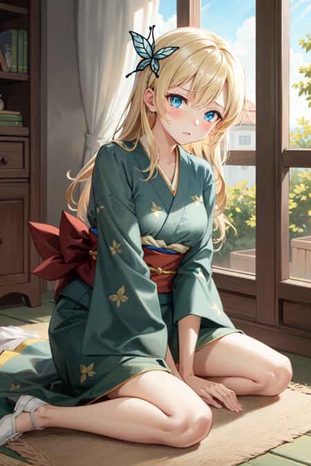 masterpiece, best quality, absurdres, perfect anatomy, 1girl, solo, Sena Kashiwazaki, long hair, butterfly hair ornament, indoors, kimono, hair flower, floral print, wariza, sitting, hands on own knees