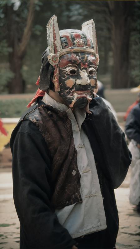 nuoxi,<lora:nuoxi-000005:1>,<lora:add_detail:0.3>,fine - art photography,soft portrait shot 8 k,unsplash,kodak ultra max 800,85 mm,solo,mask,teeth,blurry background,male focus,long sleeves,upper body,