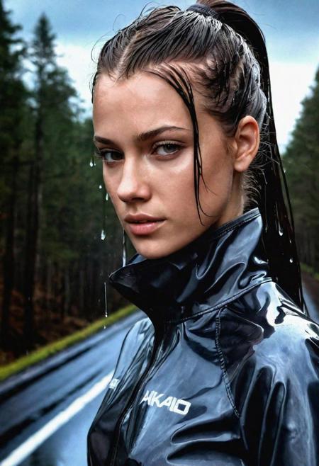 Fashion, professional, asphalt, forest, clouds, rain, close-up, jp-Elle-2325, wetshirt, reflections, looking at viewer, eye contact, shadows, 21-year-old, ponytail, dark hair, mysterious, smirk
