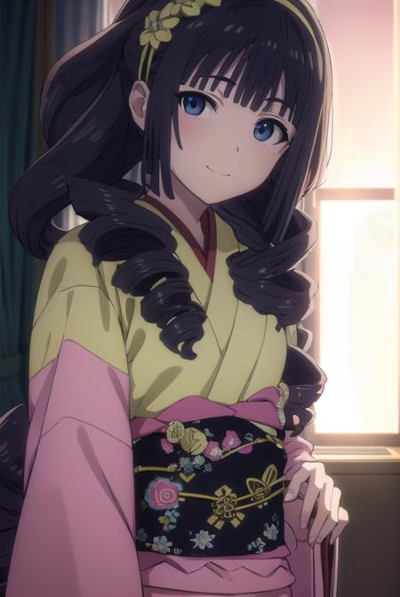 miori shiba, long hair, black hair, hair ornament, (black eyes:1.3), hairband, drill hair, japanese clothes, kimono,