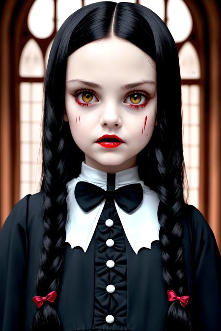 masterpeice, best quality, a photo of adult girl as wednesday addams, cute detailed oval face, long straight black hair, face covered in blood, the gap between the teeth, high detailed, vibrant, photo realistic, realistic, dramatic, dark, sharp focus, 8k, dark corridor in the castle