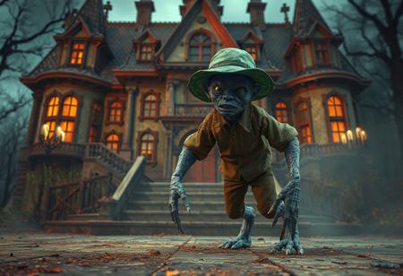 "A surreal concept art scene featuring Doll Monster Miss Mädchen, a gray creature with a green hat, standing on all fours in a brown shirt and pants. Set against the eerie backdrop of the Mansion of the Dreadful Dolls, the vibrant contrast between the gray figure and the mansion creates a haunting atmosphere. The composition is meticulously detailed, with sharp lines, stunning colors, and impeccable balance. Rendered in hyper-realistic 3D with Octane Render, the scene showcases lifelike details, captivating lighting, and harmonious tones. Inspired by contemporary aesthetics and Grammer Effect Style, the image conveys vivid emotions and a powerful message. Trending on ArtStation, 4K, ultra-detailed, and impeccably composed."