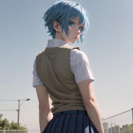 arm behind back, blue eyes, blue hair, bowtie, looking at viewer, school uniform, short hair, short sleeves, skirt, sky, solo, sweater vest