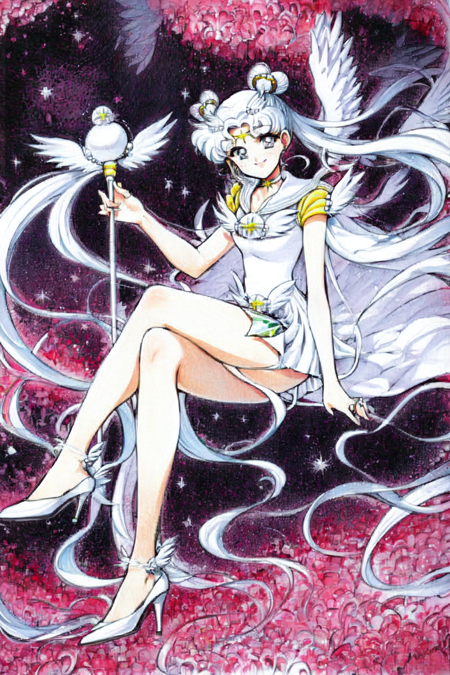 <lora:Sailor_Cosmos-10:1> 1girl, solo, long hair, white choker, staff, magical girl, sailor senshi uniform, wings, sailor collar, choker, crossed legs, white sailor collar, double bun, hair bun, white hair, white footwear, high heels, brooch, bare legs, twintails, traditional media, jewelry, facial mark, very long hair, sitting, holding staff, shoes, full body, dress, hair ornament, forehead mark, holding, skirt, smile, winged footwear, dynamic angle