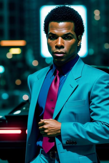 (masterpiece), best quality, ultra high res, medium shot, walking pose, cyberpunk style, photo of a (young) handsome (smile512:0.5) rico_tubbs man in suit in tie, black Ferrariin background, action movie, rule of thirds, night city,(neon lights), photon mapping, radiosity, physically-based rendering, cinematic lighting, intricate, High Detail, Sharp focus, dramatic, photorealistic