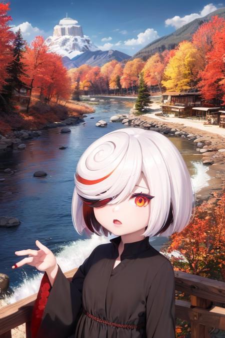 1girl, sageai, red eyes, short hair, hair over one eye, white hair, red hair, multicolored hair, black dress, mountain, river <lora:sage_ai:0.7>