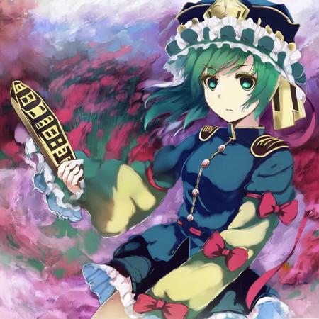 1girl, Eiki Shiki green hair, blue dress, wearing a hat <lora:Eiki Shiki:1> holding the rod of remorse