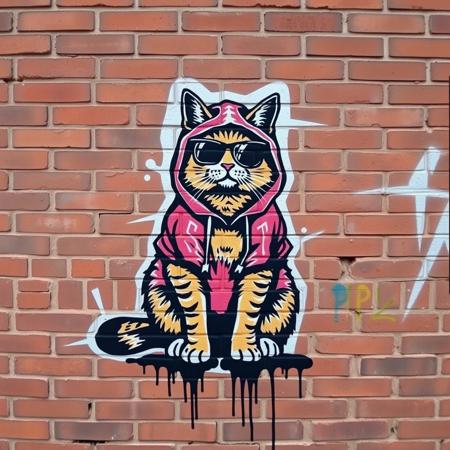brick wall, graffiti art of 1 housecat, cat is wearing hoodie, cat is sitting on all 4 legs, cat is wearing dark sunglasses, intimidating presence, graffiti writing