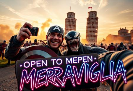 Marvel icons, Captain America and Venom, are caught in a high-energy selfie in front of the Leaning Tower of Pisa during an action-packed moment. Captain America, with his iconic shield on his back, holds a vintage Kodak MC3 camera, capturing the perfect shot. Venom strikes a chaotic, playful pose, his tendrils wrapping around Cap’s shoulder. In the background, the ominous Sion army advances through swirling dust clouds, their futuristic armor gleaming under a dramatic sunset. The Leaning Tower of Pisa stands tall, casting long shadows across the scene.
In the foreground, a vibrant neon cardboard sign reads ‘OPEN TO MERAVIGLIA’ in bold, graffiti-style text, glowing with holographic accents. The contrast between the iconic Italian landmark, the looming Sion army, and the lighthearted superhero selfie creates an epic and surreal snapshot of adventure and fun