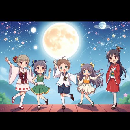 Image of (5 diverse types and sizes) of (Japanese animation) motifs. Delicately depicted, professional genius creators charmingly and skillfully (text and words) and (elements of origin) of the motif's country of origin (colours and patterns) and (movements) and motifs (frames and aerial and facial expressions and distant views and joyful and dancing poses) of the image (decorated) to make the image powered up, shining and played with, with background and Full body shot, with no blurring of the near and far view.