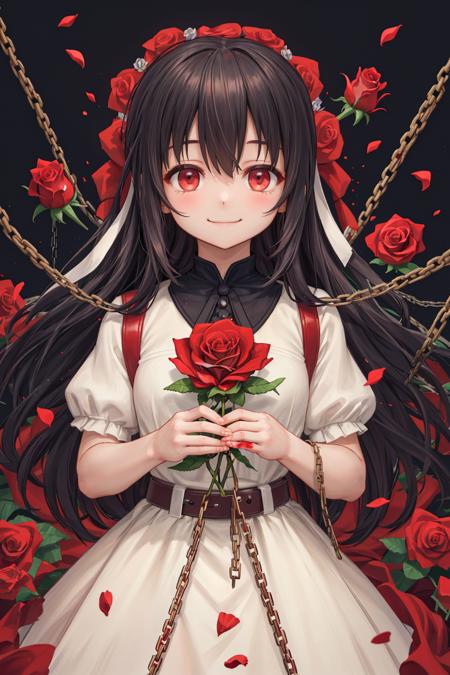 (masterpiece, best quality), makima \(chainsaw man\), 1girl, long hair, red eyes, scar on face, ringed eyes, pinafore dress, black hair, black belt, black ribbon, black belt,  (blood, blood splatter), chain, ((chains, smile, smiling, closed mouth, flower, facing viewer, petals, red flower, red rose, red theme, rose, black background:1.2)),