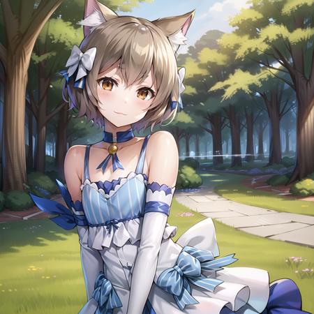 Felix Argyle, short hair, 1boy, dress, detached sleeves, :3, happy, cat ears, otoko no ko, brown hair, bow, choker, cat tail, ribbon, bangs, brown eyes, thighhighs