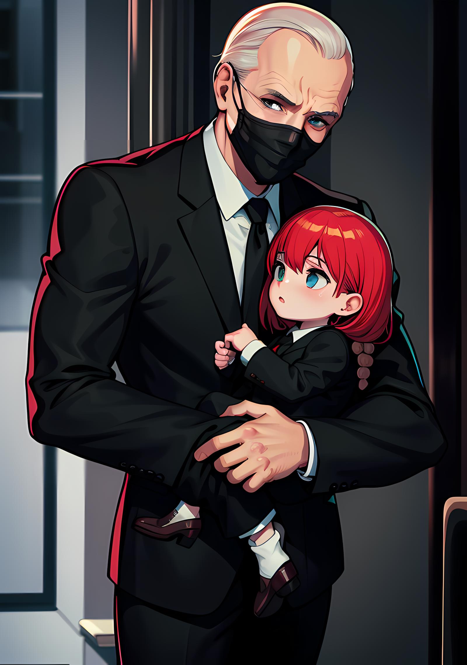 A man wearing a suit and a mask is holding a small child.