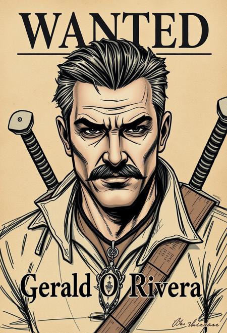 A wanted poster with the text: "Gerald O' Rivera".  The sketch resembles a dark fantasy Witcher with the face and hair of the TV personality Geraldo Rivera.  Mustache, bare chin, short slicked hair, hispanic, he wears a wolf pendant, light leather shoulder armor, and the hilts of two swords are visible over his left shoulder