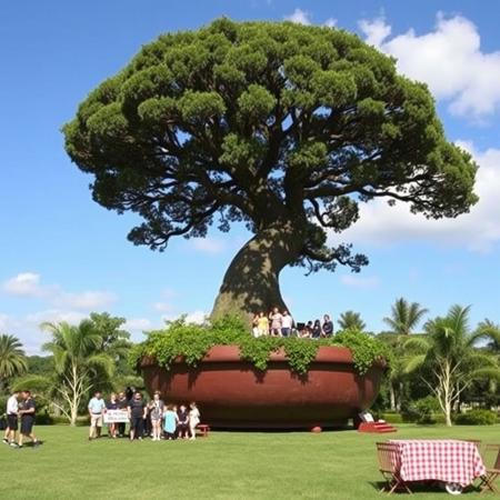 a picnic party at the base of a giant 300 foot bonsai tree in a giant bonsai pot