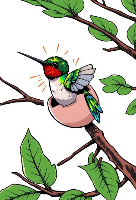 A striking sticker on a white background, ready for cutting, depicting a small hummingbird emerging from its egg in a tree. The illustration is in a dynamic manga style with bold outlines and vibrant, high-contrast colors. The hummingbird's iridescent feathers feature electric greens and blues, complemented by bursts of energy. The tree branches add depth, creating an exciting and adventurous composition.