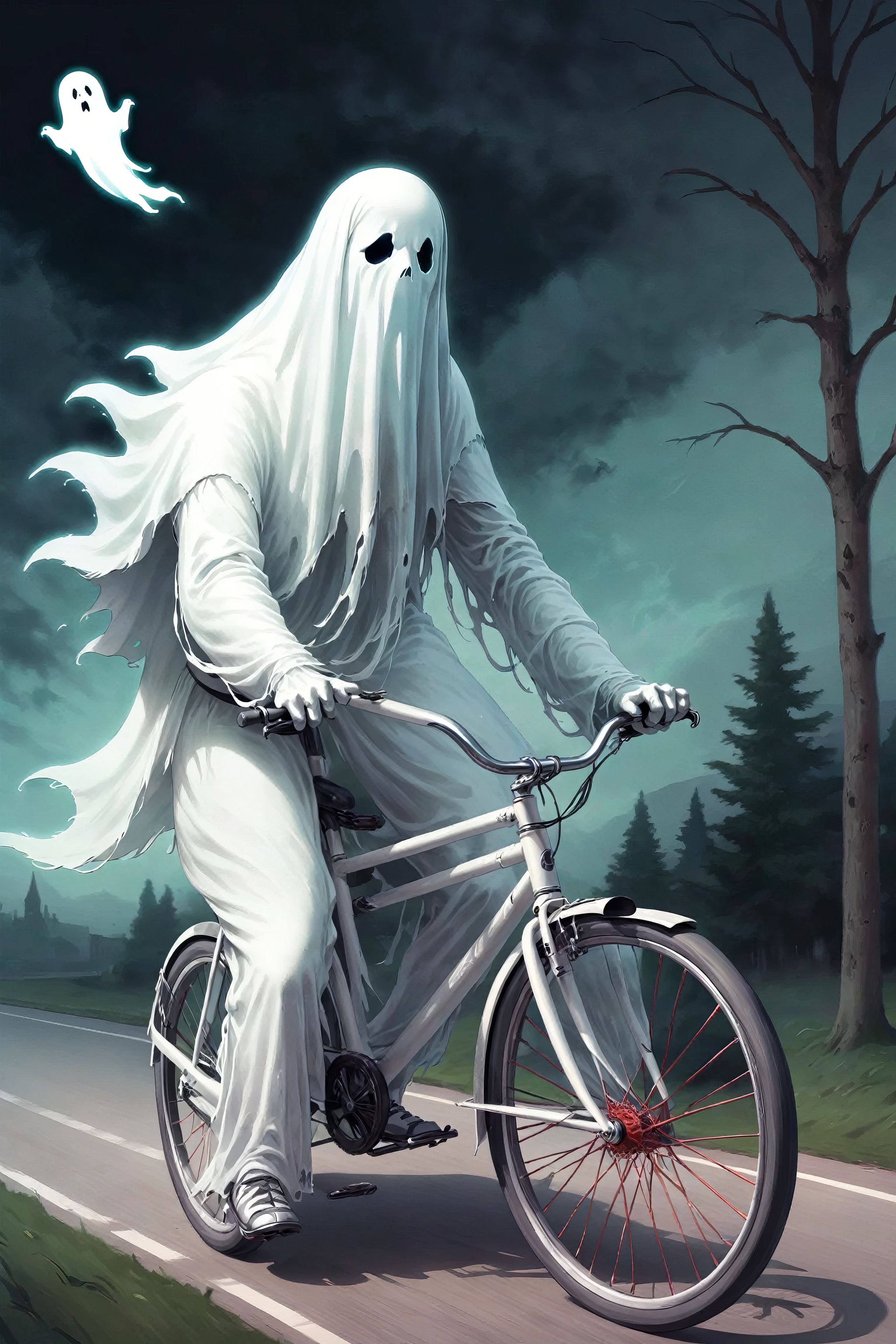 A scary ghost riding a bicycle on a road at night.