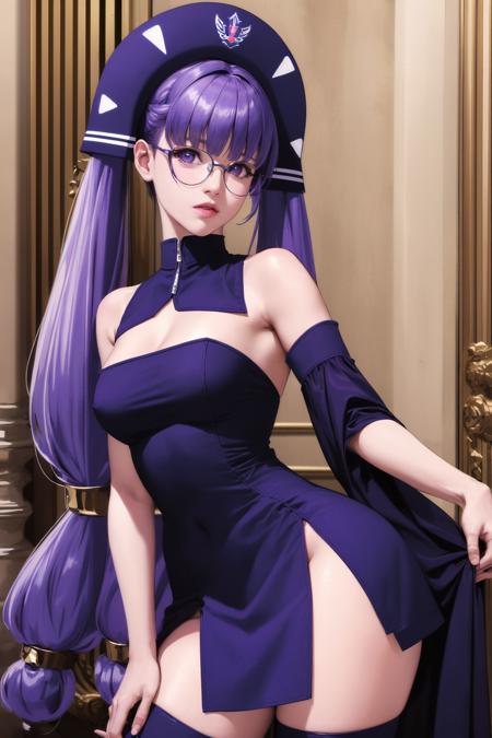 (realistic:1.4), ((masterpiece)), ((best quality)), <lora:Gluko_Mon_Colle_Knights:0.95>, gluko_mon_colle, 1girl, solo, blue_headwear, blunt_bangs, thigh_boots, purple_hair, low-tied_long_hair, bare_shoulders, glasses, twin_tails, long hair, thighhighs, purple eyes, absurdres, 3D