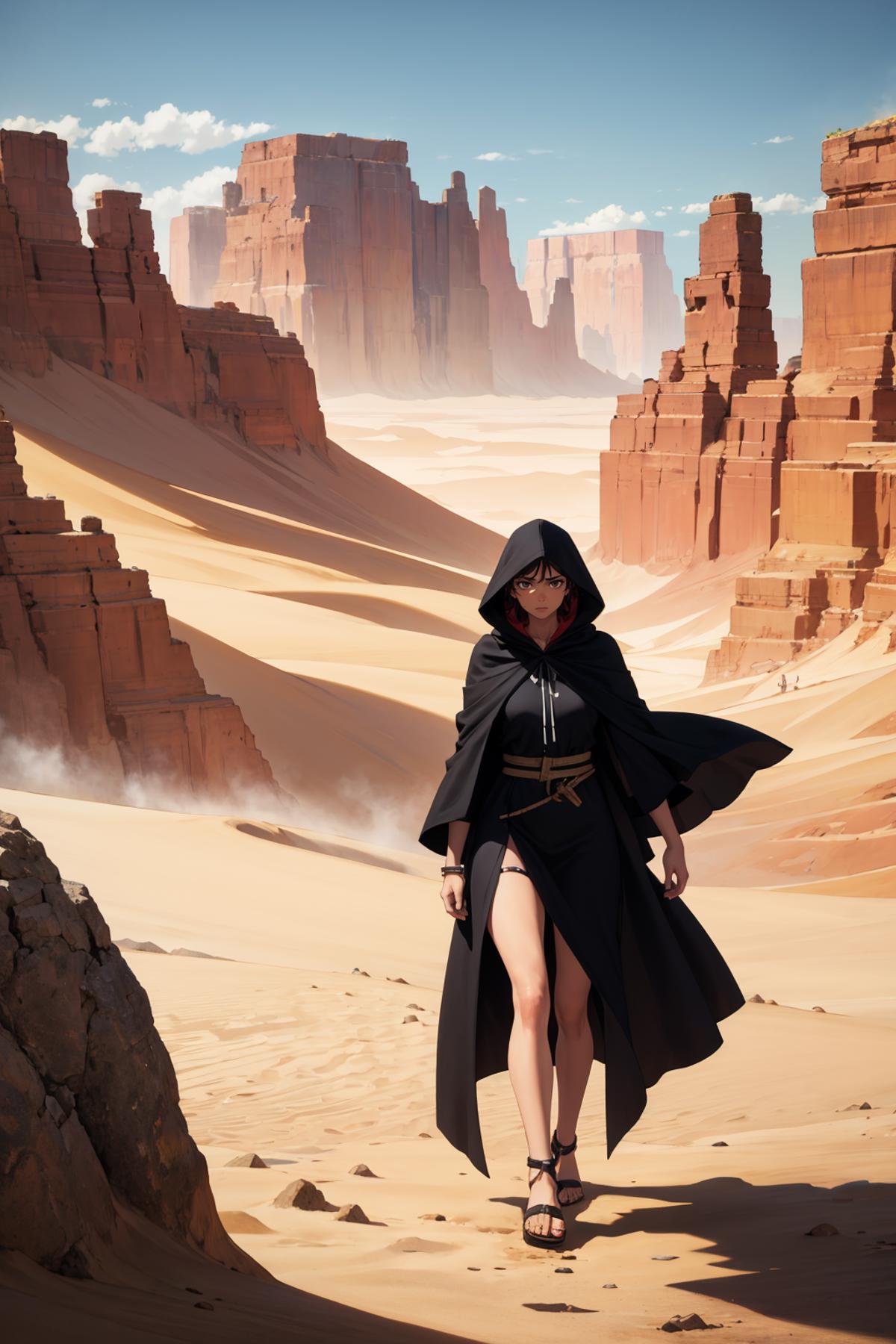 A woman in a black cloak walking through a sandy area.