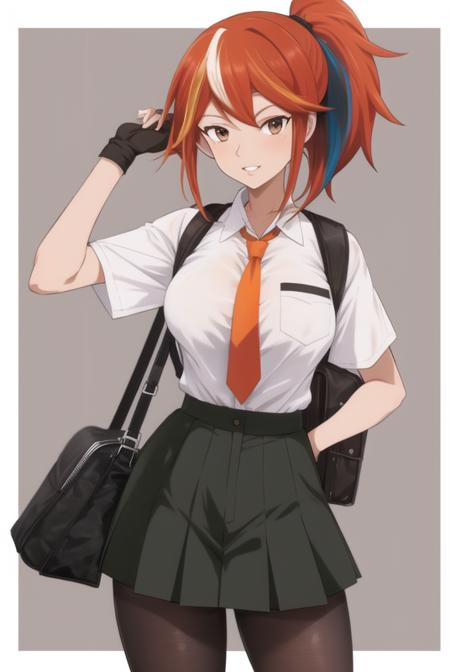 <lora:terasu_mc:0.8>, terasu mc, masterpiece, best quality, 1girl, dark skin, solo, dark-skinned female, orange necktie, shirt, multicolored hair, green hair, gloves, necktie, black hair, orange shorts, school uniform, pantyhose, shorts, fingerless gloves, smile, hand on hip, single glove, ponytail, collared shirt, streaked hair, brown eyes, bag, parted lips, v, eyelashes, white border, hand up, freckles, long hair, black pantyhose, breast pocket, short sleeves, pocket, border, white shirt, blurry, looking at viewer, two-tone hair, red gloves, blurry background, black bag, elbow gloves, outdoors, breasts, hair pulled back, backpack, outside border