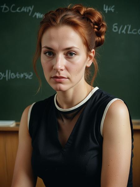 the photo was shot on Kodak Ektachrome 64 film with a Nikon F SLR camera and a Nikkor f/1.4 50mm lens, shutter speed 1/250s, ISO 64. It shows a close-up of a breathtakingly cute (40 year old:1.5) russian female teacher at the ((blackboard)), overslept, tired, ((messy red hairbun)), ((black mesh blouse))