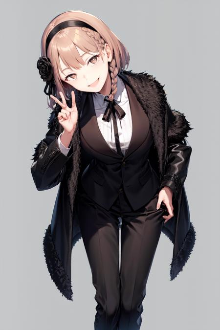 masterpiece, best quality, highres, 1girl short hair hairband hair flower braid, black jacket black fur trim black coat suit long sleeves shirt collared shirt neck ribbon black pants suit <lora:oscar:1> leaning forward, head tilt, smile