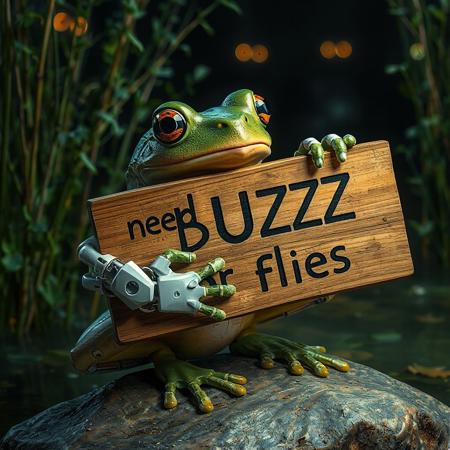 Hyper realistic, frog with robot prosthetic hands holding a sign made of wood written ‘need BUZZ for Flies’ with extra detailed letters, focus on letters, background is a swamp at night with flowing eyes between bushes, side view, over a stone,