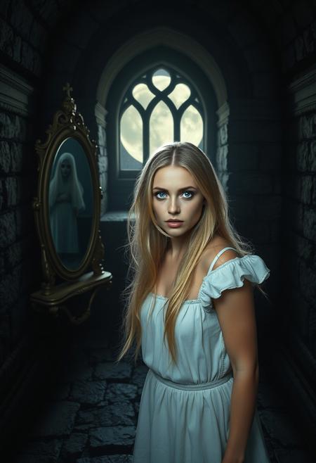 hi resolution, photorealistic, 8K, A woman,  with long blonde hair, wearing a short white dress, her blue eyes open in alarm, is in a medieval chamber, its walls and floors dark stone, its only furnishing an ancient mirror in which a spectral figure can be seen, through a window the moon is rising