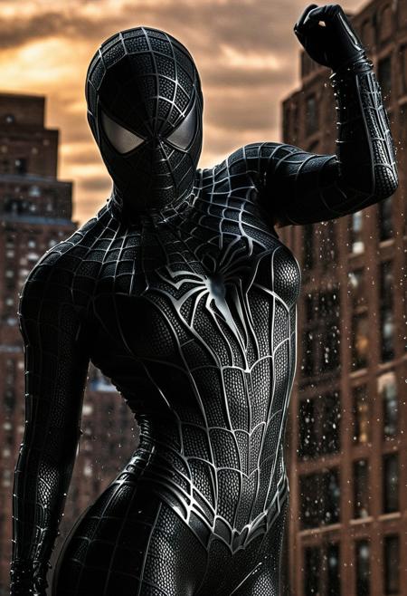 score_9, score_8_up, score_7_up, best quality, realistic, masterpiece, beautiful detail, hyperrealistic, afternoon sky, ((1girl, woman body, big breasts)), amazing detailed full body portrait of a beautiful girl, wearing a realistic and highly detailed black raimi spider-man suit, ((huge muscular girl)), ((wears black spiderman mask)), professional model wears ultra - detailed black raimi spider - man suit, ultra - detailed and grained black raimi spiderman suit, suit covered entire body and hand, black spiderman gloves, wet, (dancing), (full body), (dirty skin), close up, octane render, highly detailed, volumetric, dramatic lighting, (highest quality:1.1), (HDR:1.3), (top quality, best quality), realistic, high definition,