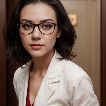 close-up portrait of c0rdelia_n0texist, short black hair, glasses, dressed in office-wear, analog style, modelshoot style, sharp focus, natural lighting, subsurface scattering, f2, 35mm, film grain