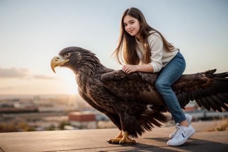 full body,photo of a 18 year old girl,riding on a oversized eagle,happy,looking at viewer,ray tracing,detail shadow,shot on Fujifilm X-T4,85mm f1.2,sharp focus,depth of field,blurry background,bokeh,lens flare,motion blur,<lora:add_detail:1>,