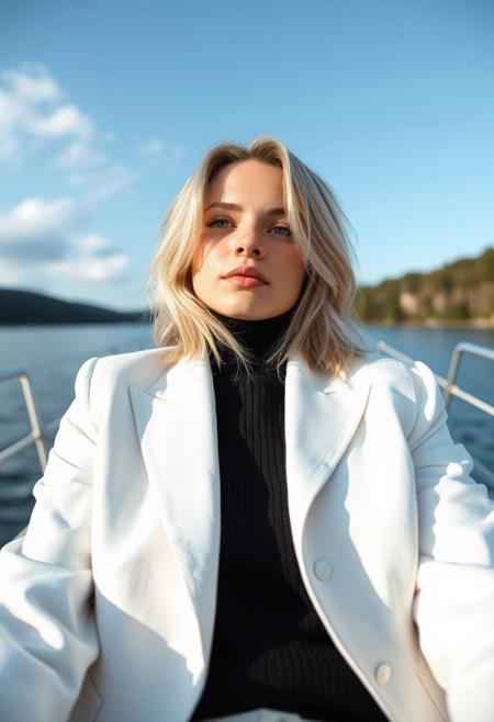 instagram photo high quality, close up of short height scandinavian sexy cute blonde 20yo girl, hazel grey eyes, laying back body facing up, white blazer white pants black sweater, in yacht with lake background