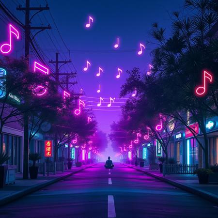 A peaceful night street filled with glowing neon signs shaped like musical notes, soft purple and blue ambient lighting, floating sound waves in the air, tranquil atmosphere, trees glowing with bioluminescent light, a calm figure meditating in the distance, surreal and dreamy, high-detail, cinematic lighting, 16:9 aspect ratio
