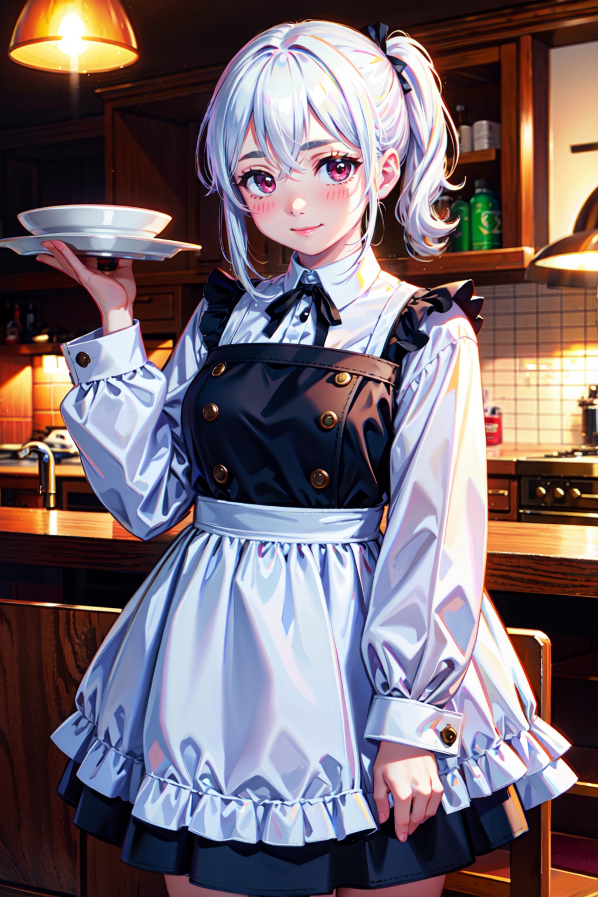 absurdres, highres, best quality, 1girl, bags under eyes, thick eyebrows, white hair, blush, smile, waitress,